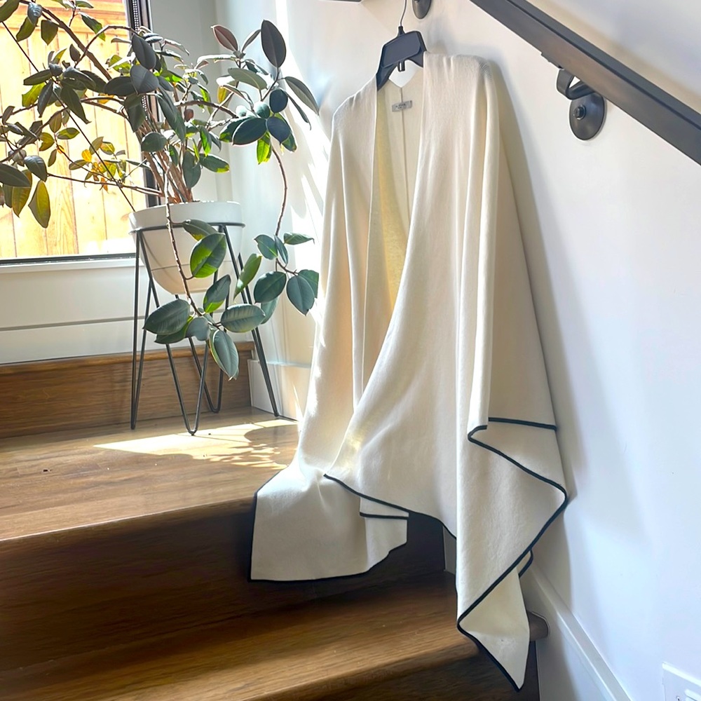Ivory with Black Trim Sweater Cape | M.M. LaFleur